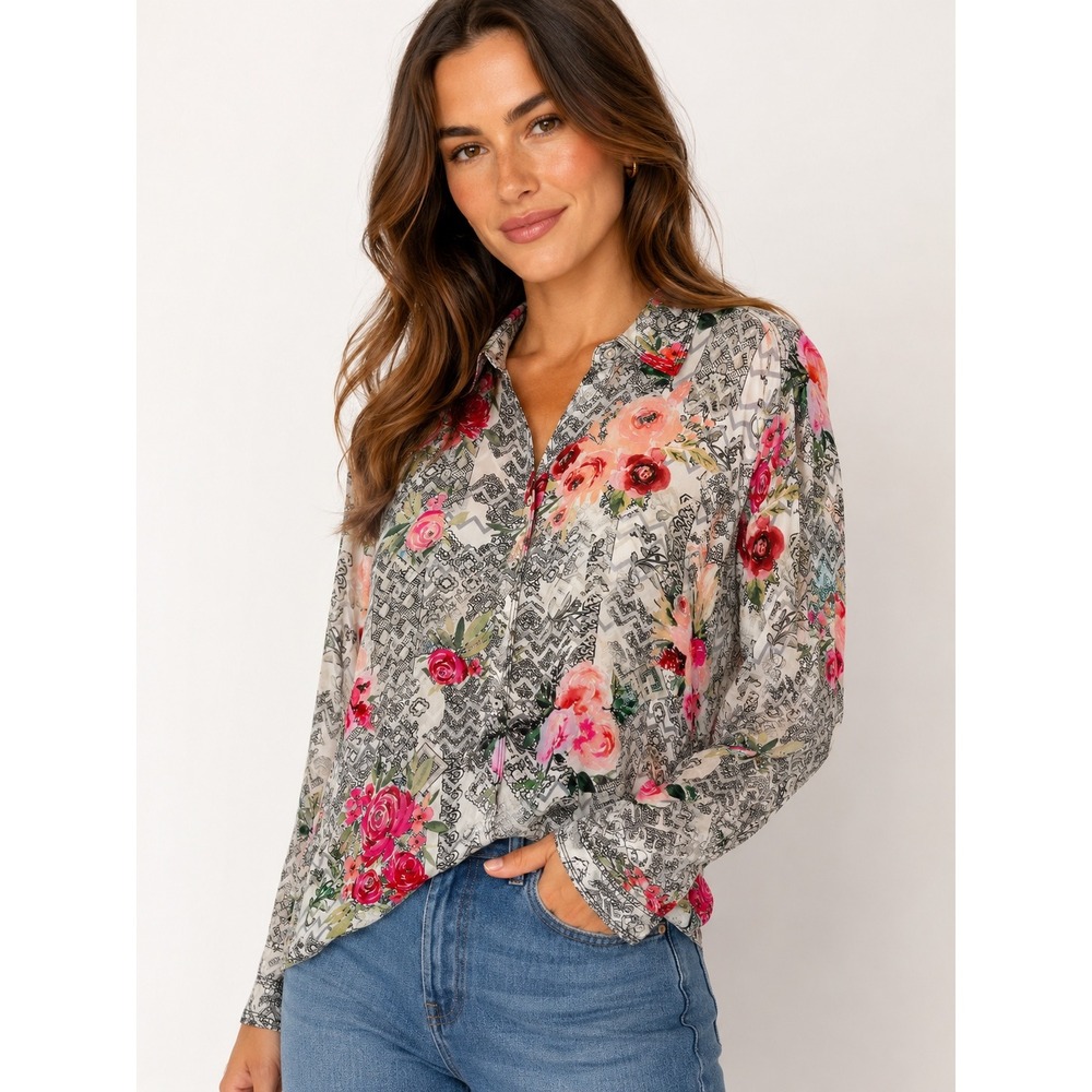 Tolani 100%‎ Cupro Floral Button Up Blouse Gray Pink Boho Cottagecore Size S
